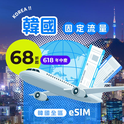 【618年中慶｜快閃優惠68折起】韓國 eSIM 總量型 - AI CARD